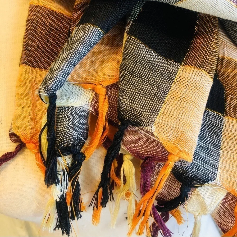 Forever 21 Scarf Buffalo Check Ivory Black Orange Metallic Thread Fringed